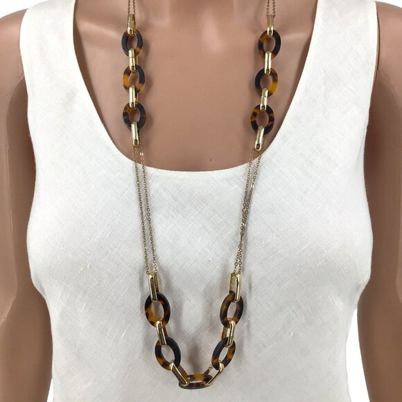 Tortoise Shell Necklace Acrylic Link Gold Tone Chain Adjustable Length - Picture 3 of 3